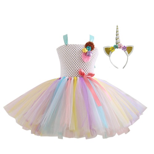 AOUVT 4 Pcs Costume Licorne Enfant - Jupe Buste, Ailes, Bâton Et Cerceau - Robe Princesse Fluorescente 3-8 Ans