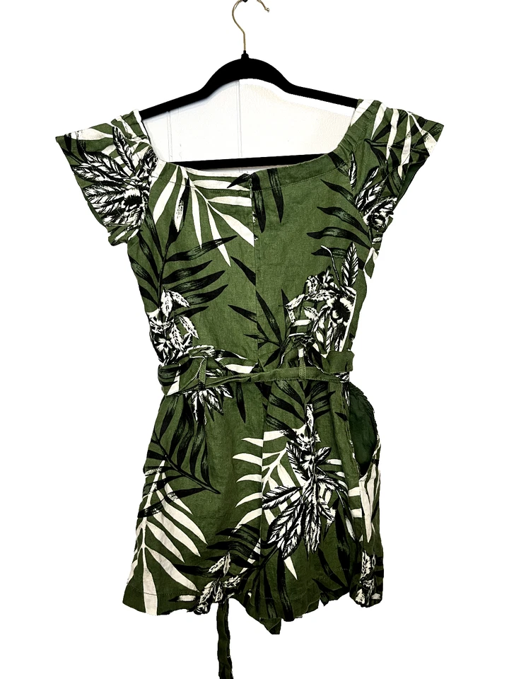 Women's Guess Size 2 Dark Green Tropical Floral Romper Off The Shoulder Cotton - Image 2 of 4