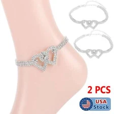 Double Heart Anklet Bracelet Love Barefoot Chain Bling Crystal Ankle Bracelet 2X