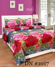 Rose Flower Print Trendy Glace Cotton Double Bedsheet With 2 Pillow Covers R3