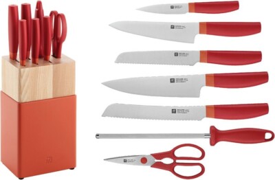 Henckels Zwilling Now S 8pc Block Set Org/Red Bread Chef Util. Prep Paring