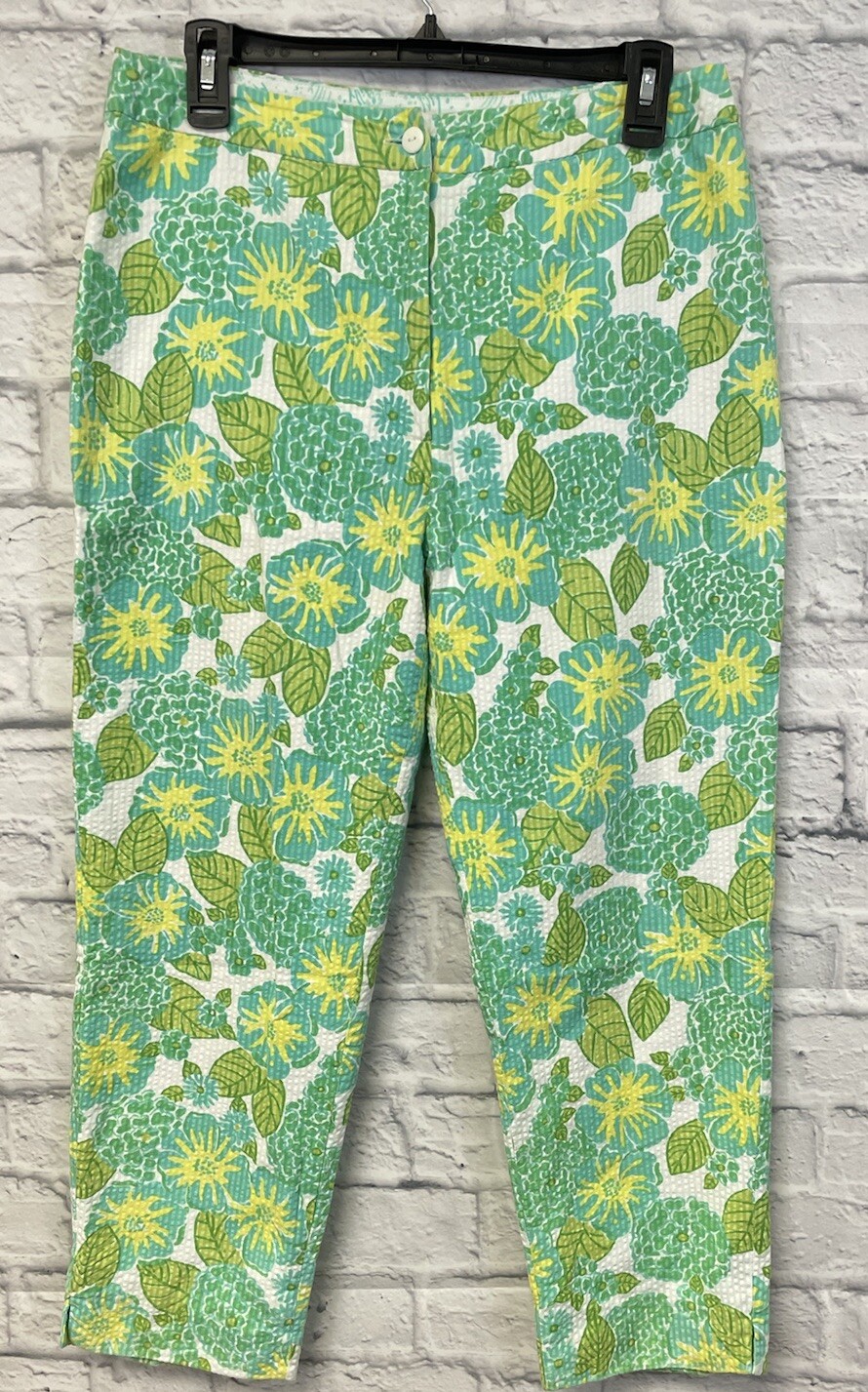 LILLY PULITZER CAPRI PANTS womens sz 8  vtg seersucker green crop FLORAL resort
