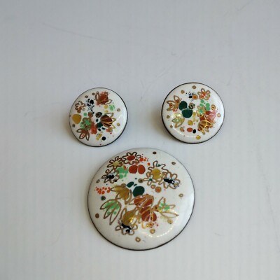 Vtg Gerte Hacker Enamel Brooch Earring Clipon Set Floral Hand Painted Mid Centur