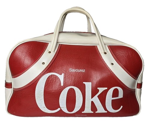 Vintage 1970s Metallic Blue Vinyl Travel Duffle Bag White Piping