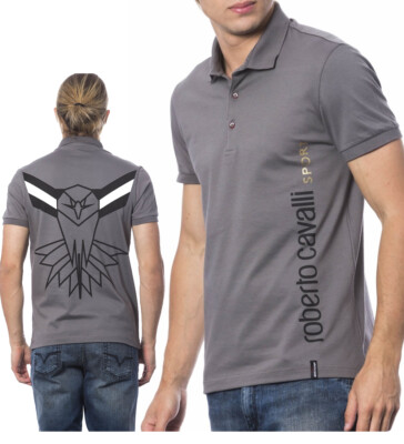 $225 Designer Rare ROBERTO CAVALLI Men's Logo Printed Fitted Polo Shirt Tee M