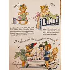1944 Linit Laundry Starch Cartoon Girl Doing Laundry in Wash Tub - Vtg Print Ad