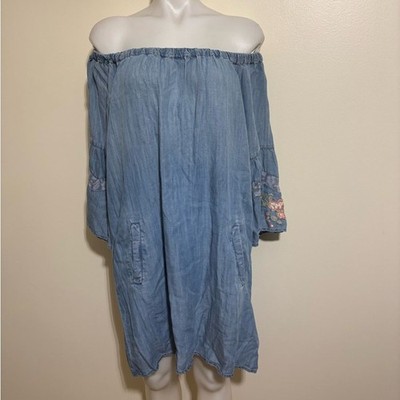Billy T Off-Shoulder Chambray Midi Dress Embroidered Boho Peasant Style Size L
