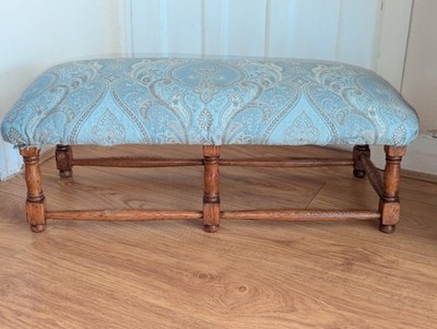 Vintage Holz Fußhocker gepolsterter Sitz Stoffplatte niedriger Hocker Retro Wohndeko