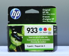 HP 933 3 Pack Ink Cartridges, Cyan, Magenta, & Yellow, Best By 10/2022