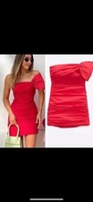 Zara Bright Red One-Shoulder Ruched Mini Dress Size S