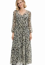 NWT Mango Black Grey Floral Dress Size 18 Midi Tie Waist Gold Flecks Flowy Lined