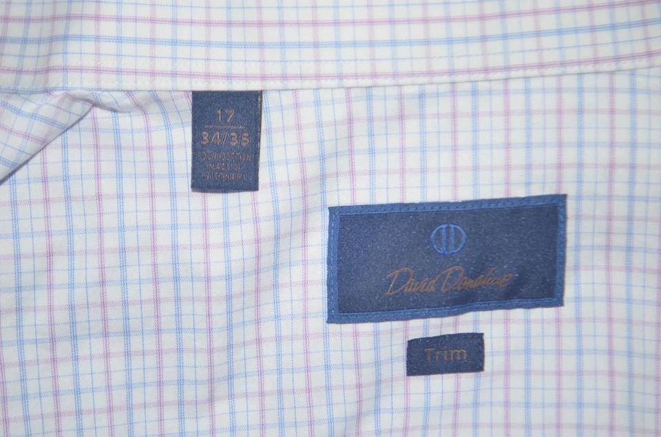 Camisa de vestir DAVID DONAHUE ajuste morado blanco a cuadros 100 % algodón 17 34/35 Foto 3 de 3