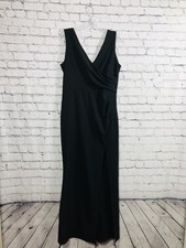 WOOSEA Women V-Neck Evening Gown Sleeveless Ruched High Slit Black Size L