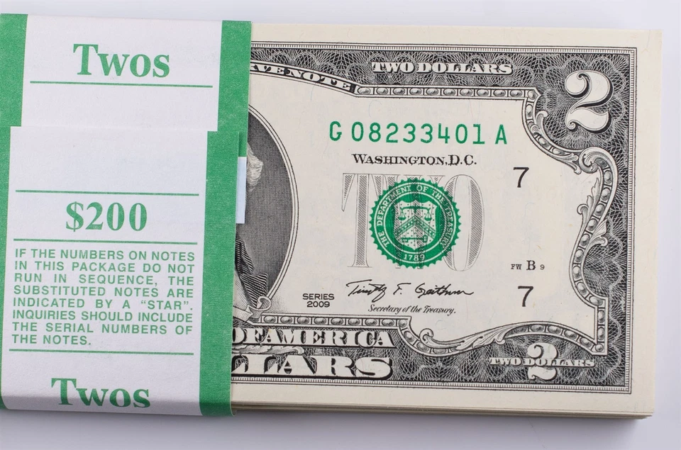 2009 BEP Strap $2 UNC Consecutive Federal Reserve Notes Lot of 100  - Image 2 of 4