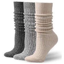 Pleneal 3 Pairs Slouch Scrunch Socks for Women, Long Slouchy Black beige grey