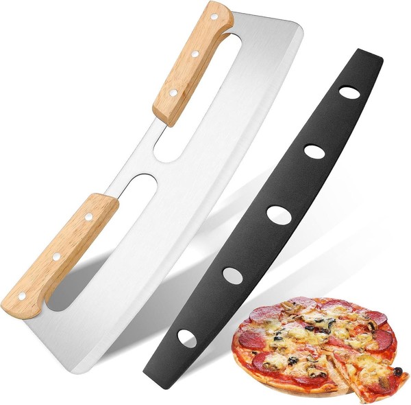 Kuoniiy Pizza Wiegemesser, Pizzaschneider Mit Doppeltem Holzgriff, Pizzamesser-image