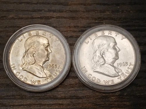 Two (2) 1963 Franklin Half Uncirculated Proof-like Coins 90% Silver ~ Toning