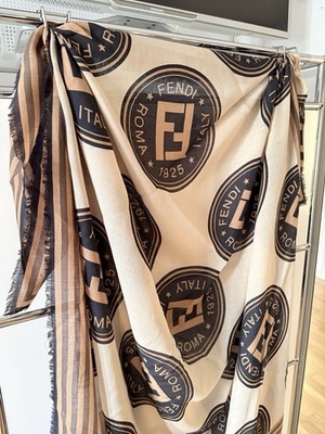 FENDI Schal Tuch Stola XL Wolle Seide braun creme schwarz Kopftuch Wolltuch