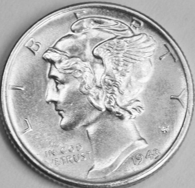 1943-s. Mercury Head Dime. 100% Full Separated Horizontal Bands.   (Inventory A)