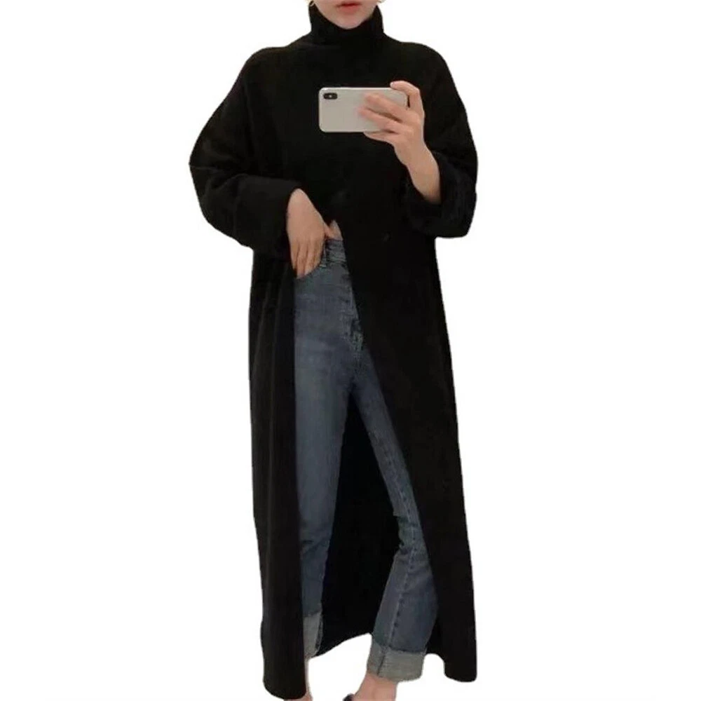 Women Turtle Neck Front Slit Knitwear Sweater Jumper Tunic Outwear Dress