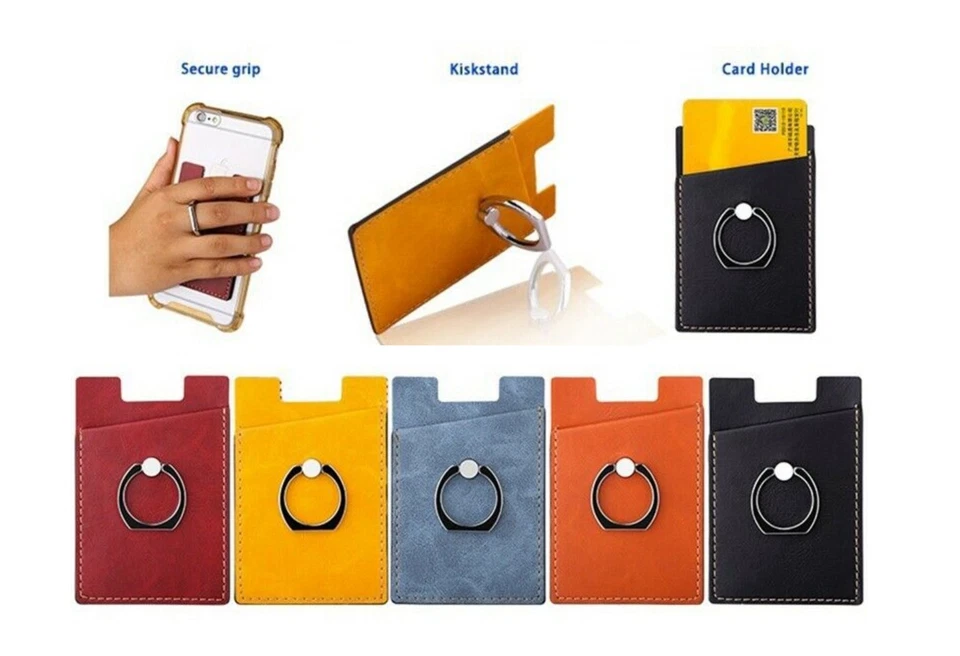 Cuero Portatarjetas de Crédito Billetera Anillo Bolsillo Adhesivo Adhesivo Teléfono Celular iPhone Foto 2 de 4