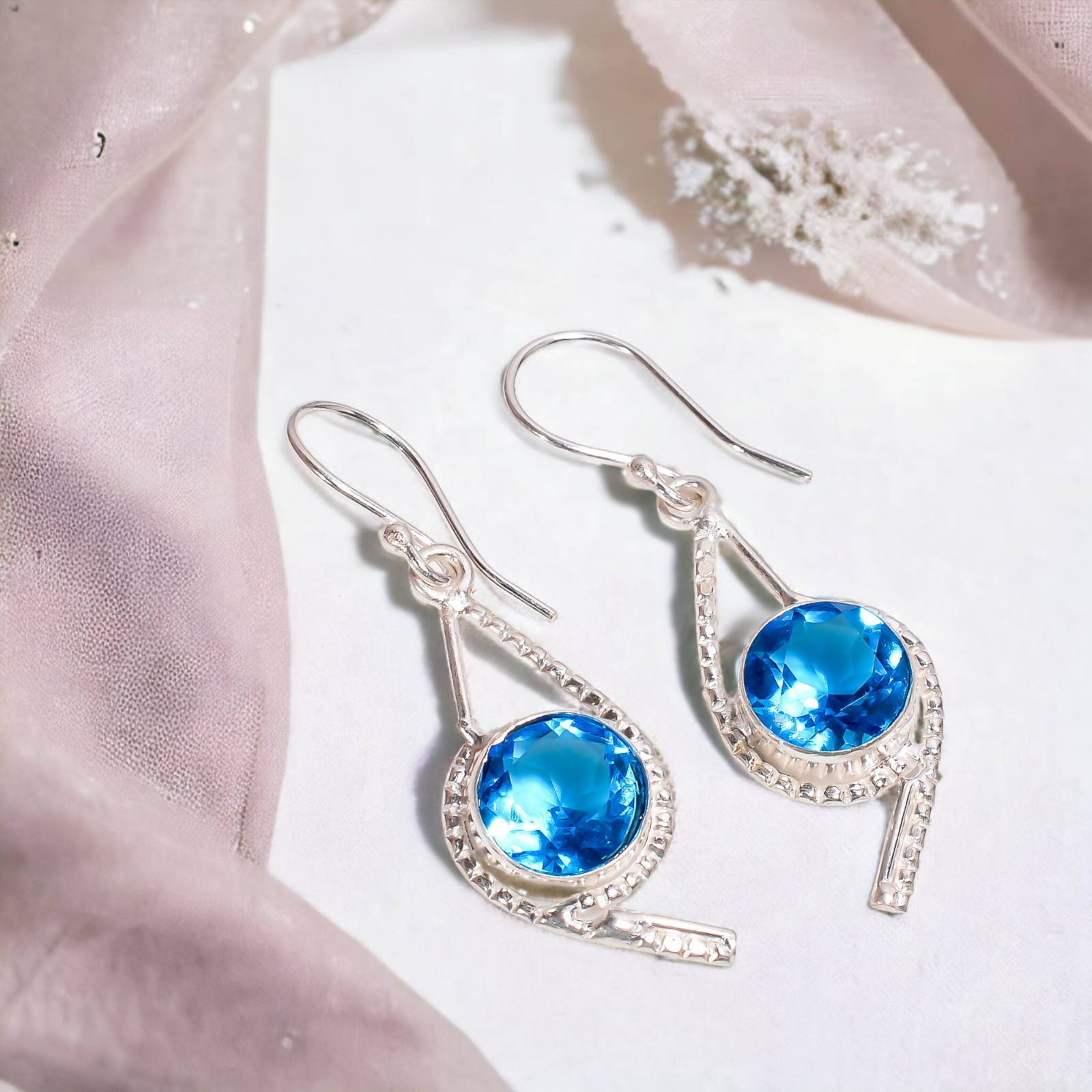 Birthday Gift For Her Natural Swiss Blue Topaz Drop/Dangle Earrings 925 Silver