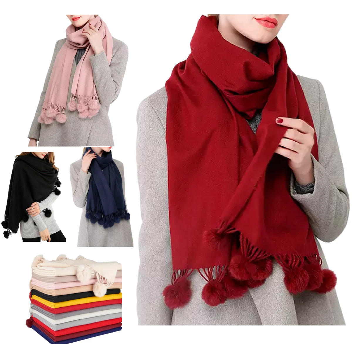 Cashmere Scarf Fur Pom Pom Shawl Tassels Autumn Winter Ladies Pashmina Scarves