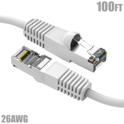 100FT Cat5e RJ45 Ethernet LAN Network FTP Shield Patch Cable Copper 26AWG White