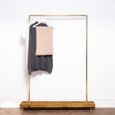 Vintage Industrial Urban Brass Clothes Rail Free Standing Wooden Base with Pipe