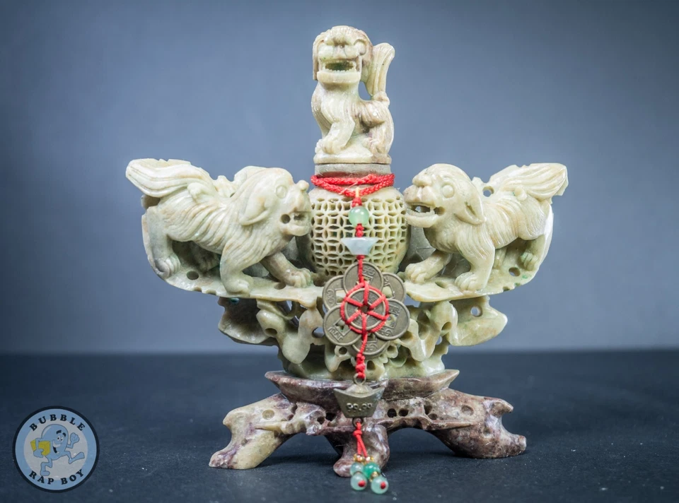 Jabonera tallada con nudo de jade feng shui chino Foo perros/leones Foto 2 de 4