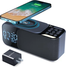 Alarm Clock Radio with Wireless Charging Bluetooth Speaker,Digital Alarm Clock w