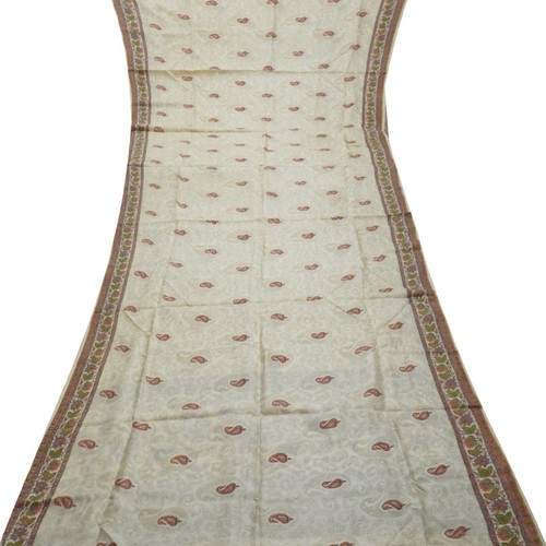 Vintage Beige Sari 100% Pura Seta Paisley Stampata Sari 5.5m Decor Craft Tessuto - Foto 4 di 6