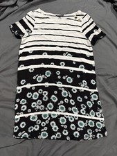 Express Women's Medium Black White Striped Floral Rayon Summer Shift Dress S Pet