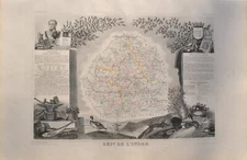 Victor LEVASSEUR: old map of L'Indre + limits, original ENGRAVING