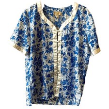Victoria  s Secret Gold Label Pajama Top Sz S-M Blue White Floral Print Vtg