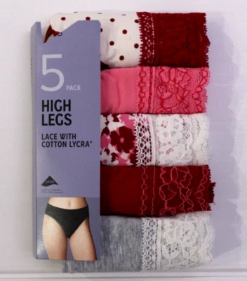 Ex M & S Ladies 5 Pack Cotton Rich Lycra Lace High Legs Briefs Knickers 8 to 20 - Image 1 of 4