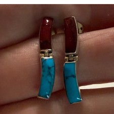 Taxco Sterling Silver Turquoise Red Stone Articulated Dangle Earrings Mexico