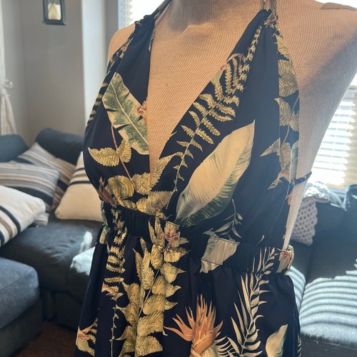 Tropical Halter Dress XL Flowy Summer Vacation Resort Wear Botanical Print