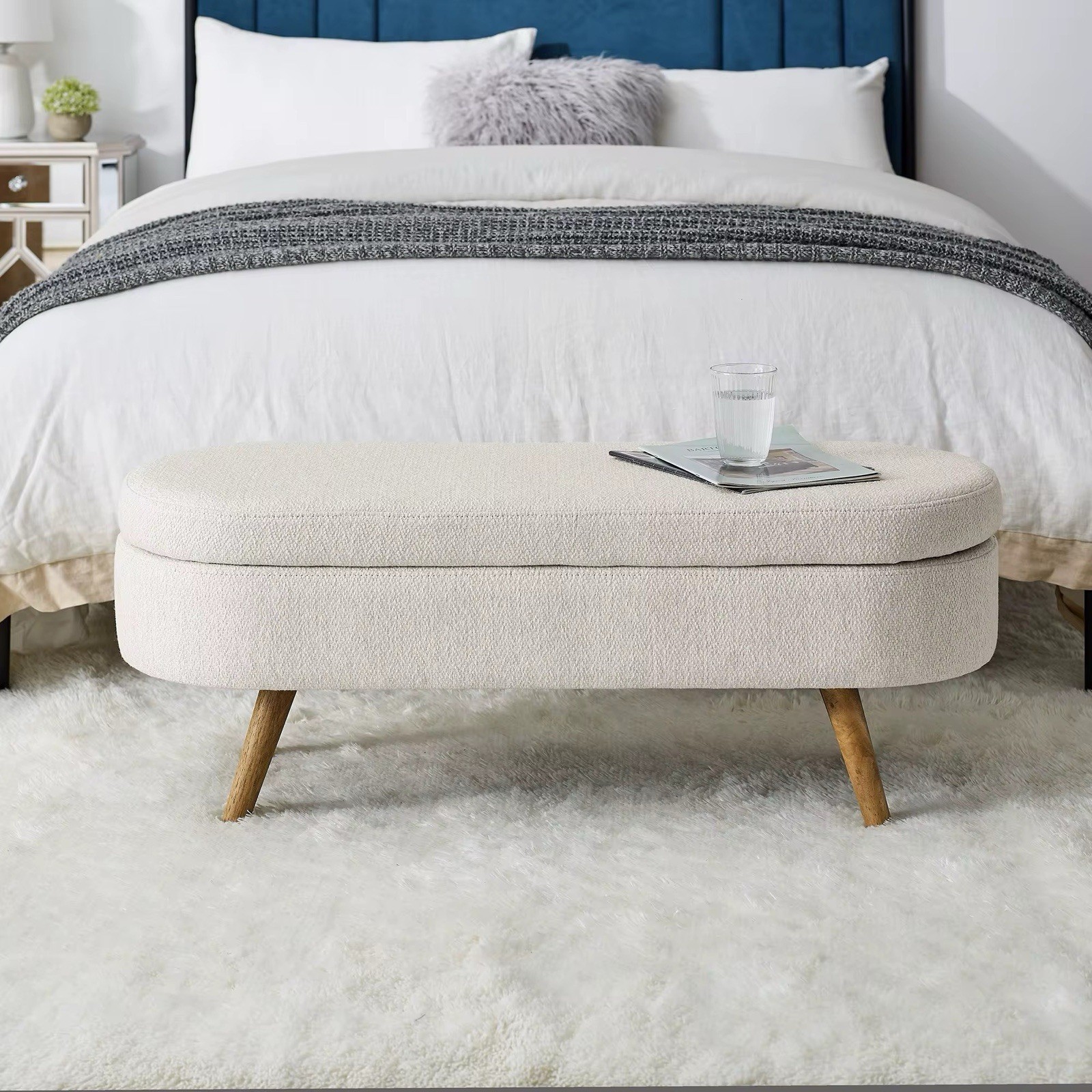 Oval Upholstered Storage Bench with Lid &ndash; Modern Bedroom Ottoman, Beige
