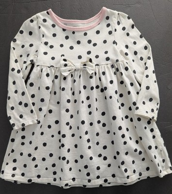 Gerber Size 2T White with Black Polka Dots Dress w/ Bow,  Pink Trim , L/S