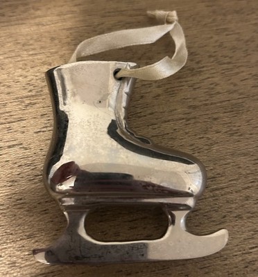 RESTORATION HARDWARE Heavy Christmas Ornament Silver Ice Skate Vintage Ribbon
