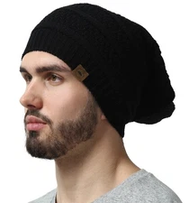 Slouchy Cable Knit Beanie by - Chunky, Oversized Slouch Beanie Hats for Men &...