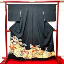 Japanese Kimono 'TOMESODE' Silk/Flower/Imperial carriage/ Length:167cm N1318