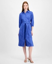 T Tahari Embroidered Eyelet Belted Shirtdress Women's M Spring Blue Front Button