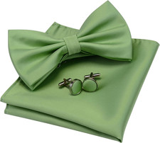 Mens Solid Color Double Fold Pre-tied Bow Tie and Pocket Square Cufflink Set wit