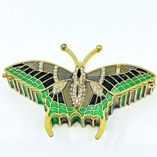 VTG Enamel Butterfly Trinket Box Gold Tone Green Black Rhinestone Jeweled Case
