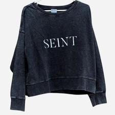 NWT SEINT Acid Wash Cropped Crewneck Sweatshirt Large Charcoal Black Graphic
