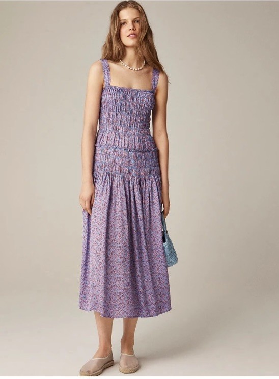 J.Crew Dress Summer Field Print Purple Square Neck Midi Smocked Small