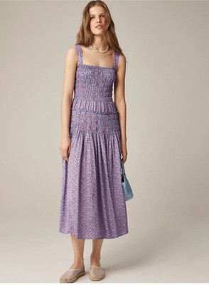 J.Crew Dress Summer Field Print Purple Square Neck Midi Smocked Small