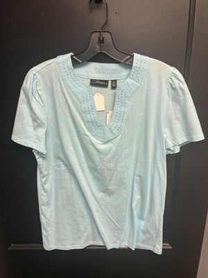 Rafaella Light Aqua Short Sleeve Solit Neck Coton Top Size M